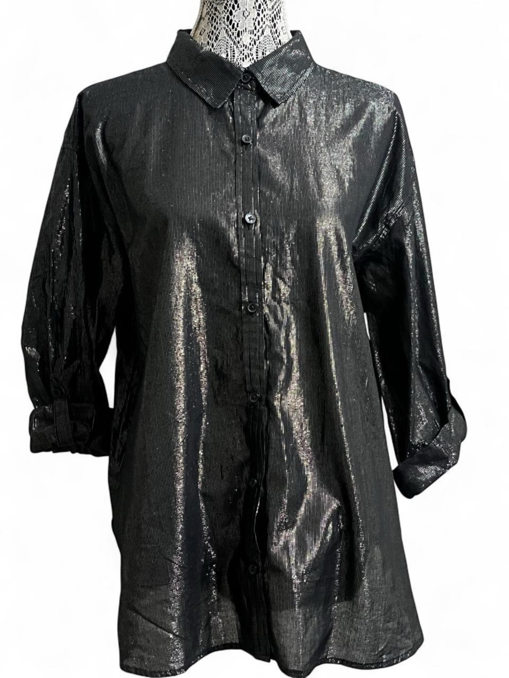 Gloria Vanderbilt Shimmery Black Button-Front Shirt - Picture 2 of 8